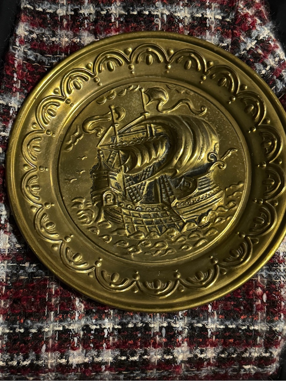 Brass Decorative Round Wall Plaque with Sailing Ship made in England vintage
